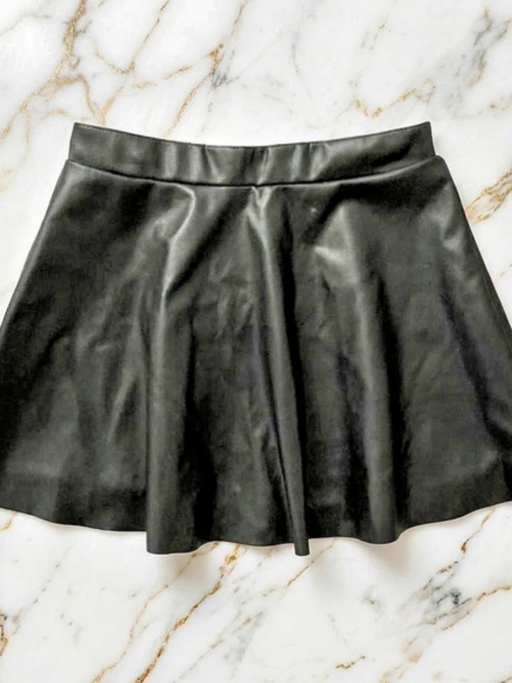 H&M Faux Leather pleated Skirt,  Adjustable Waist-Black